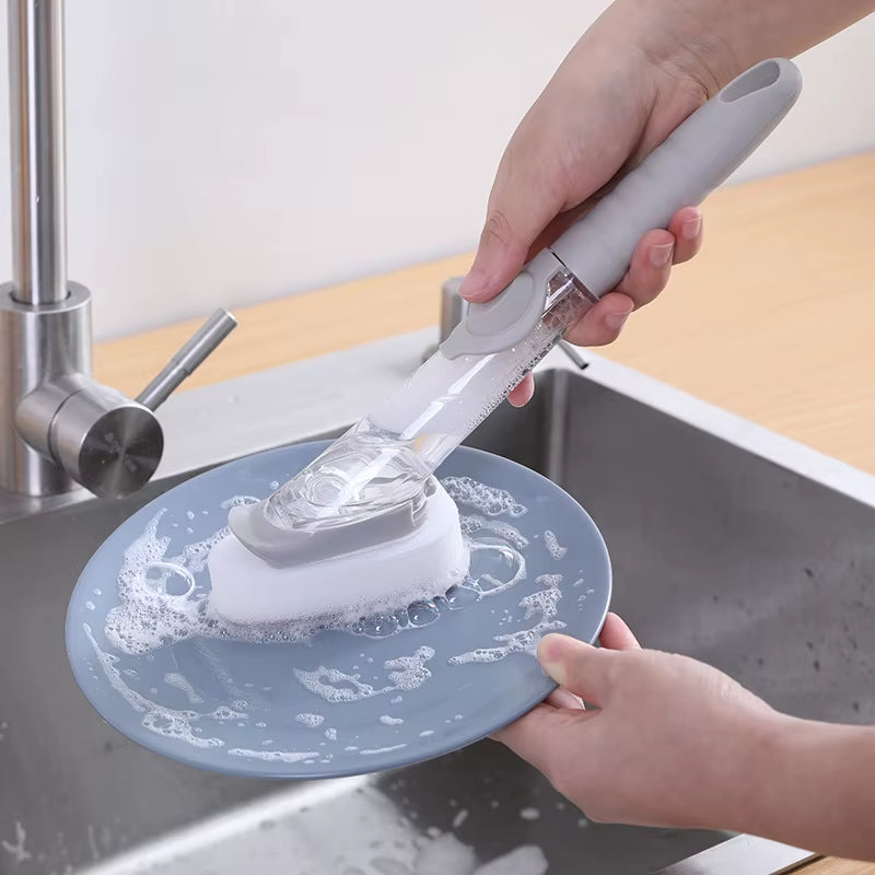 Kitchen Cleaning Brush with Dishwashing Sponge 2 in 1 Long Handle Dish Washing Brush Household Cleaning Tools