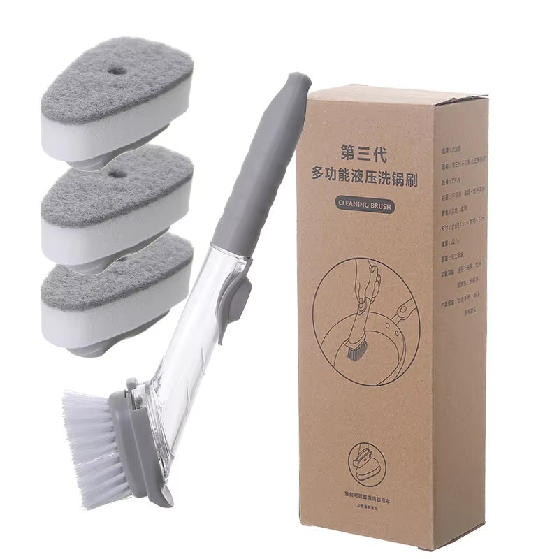 Kitchen Cleaning Brush with Dishwashing Sponge 2 in 1 Long Handle Dish Washing Brush Household Cleaning Tools